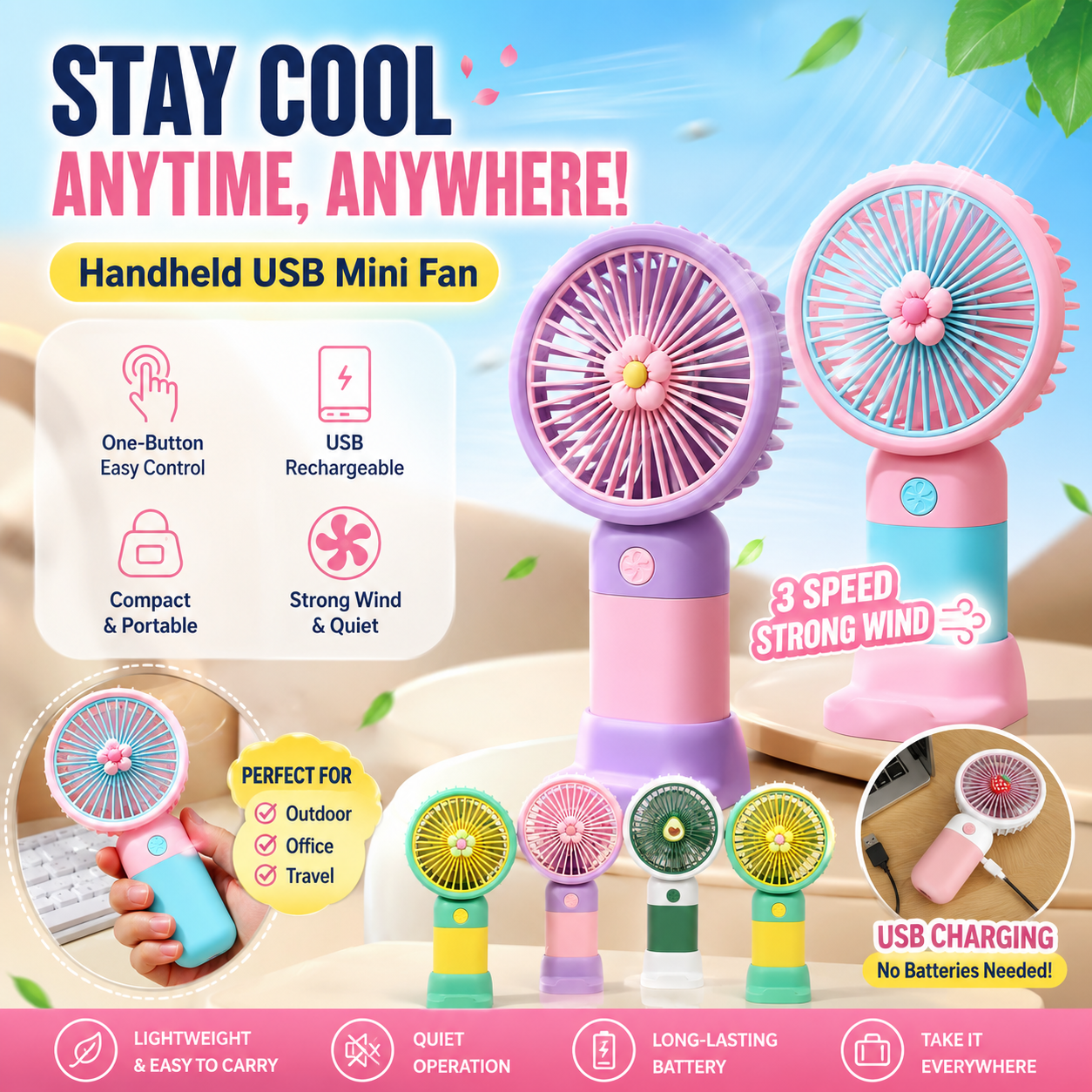 USB Rechargeable Mini Fan – Handheld & Desk Cooling Fan