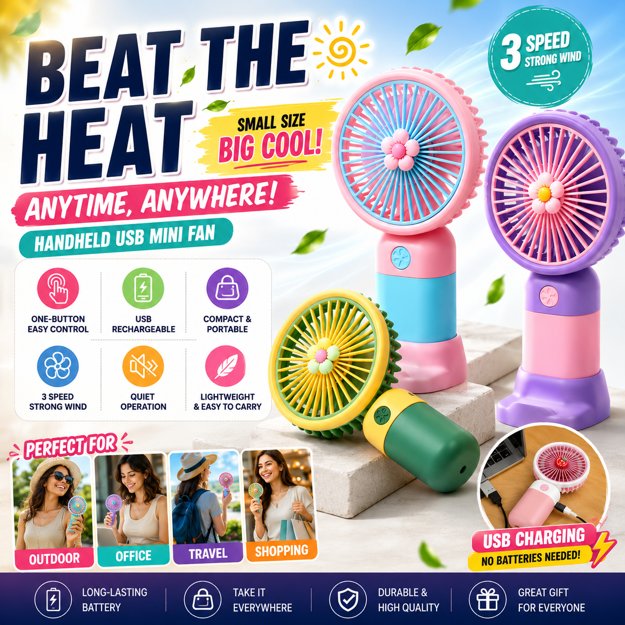USB Rechargeable Mini Fan – Handheld & Desk Cooling Fan