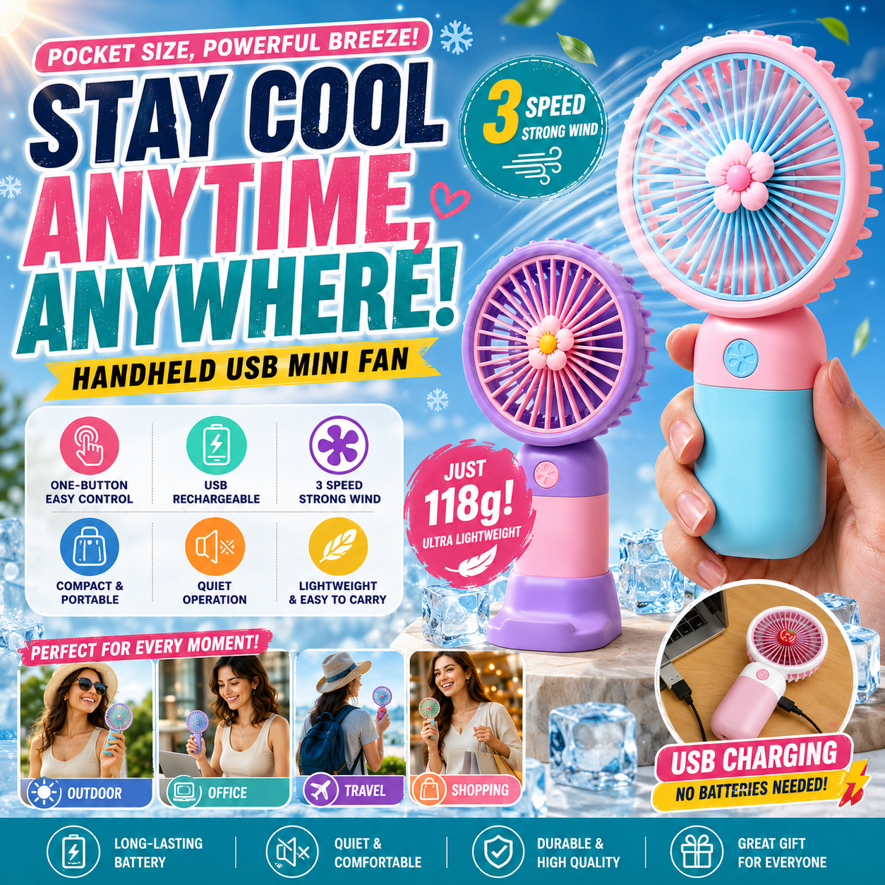 USB Rechargeable Mini Fan – Handheld & Desk Cooling Fan